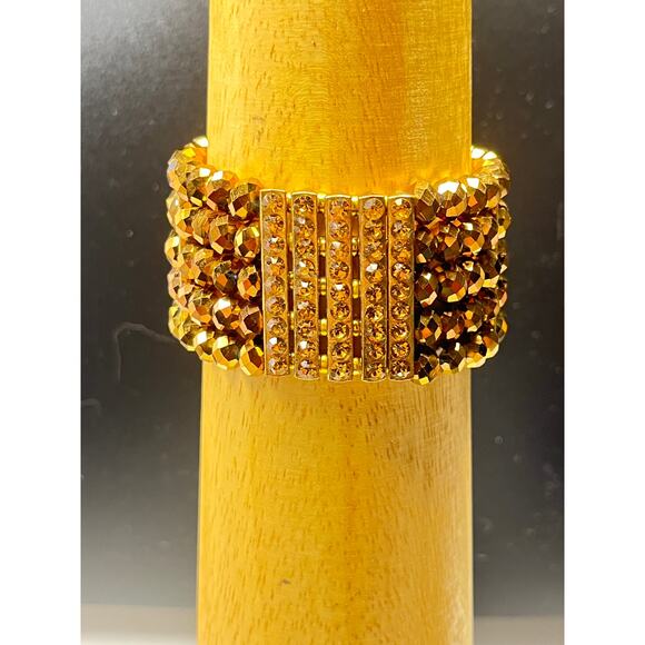 Vintage  Amber Facet Multi-Strand Beaded Stretch Bracelet- Rhinestone Bracelet - Picture 2 of 8